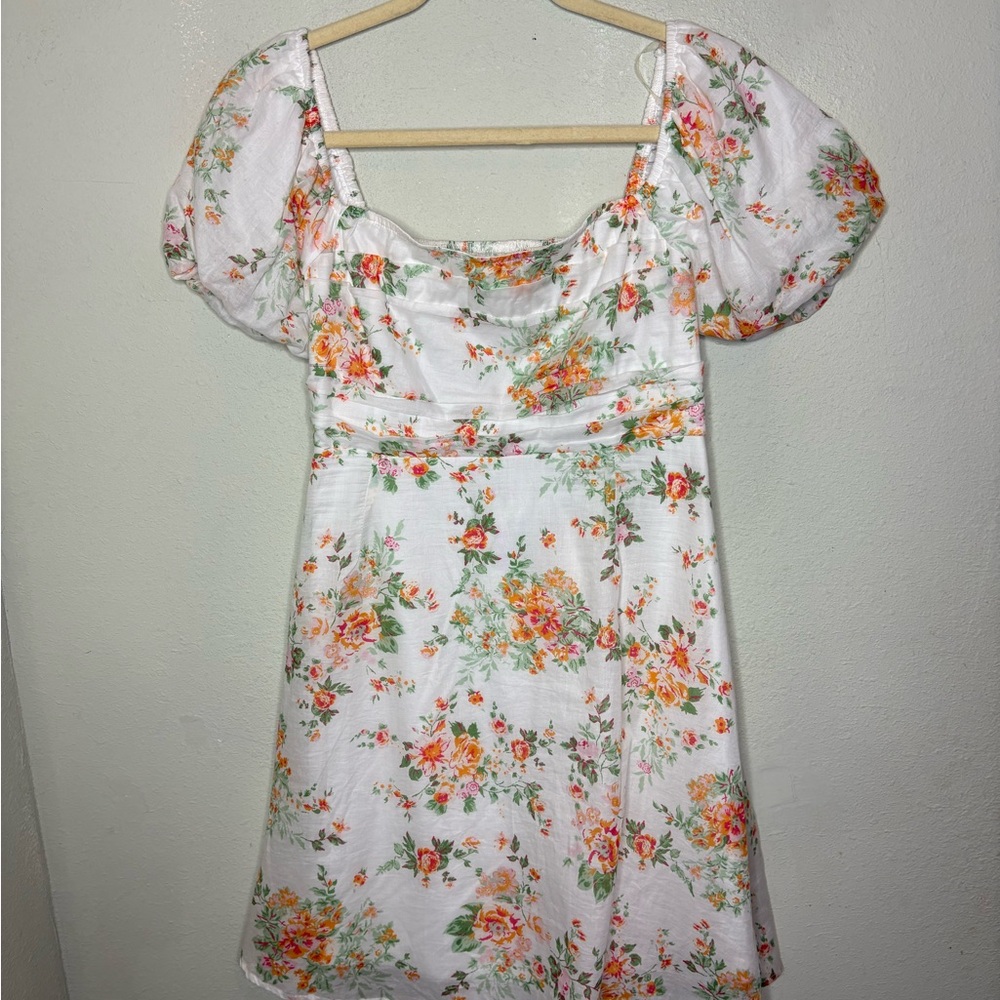 Altar'd State White Floral Puff-Sleeve Mini Dress with Orange & Green Bouquet